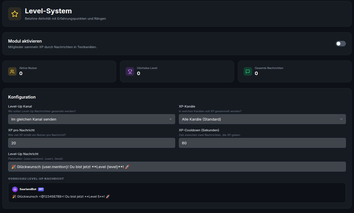 Screenshot: Level-System Konfiguration im Lythea Dashboard